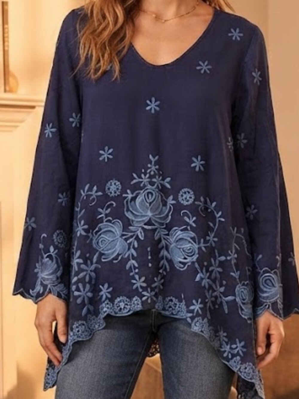 Johnny Was Navy Tunic with Light Blue Floral Embroidery Size M/L